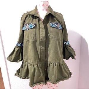 Anthropologie Beautiful Stories Inika Aztec Peplum Jacket Olive Green Medium